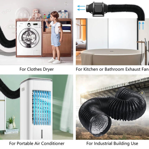 Flexible 4 Inch Air Ducting Hose For HVAC Ventilation, 5 Feet Long Aluminum Dryer Vent with stainless clamps in use setups