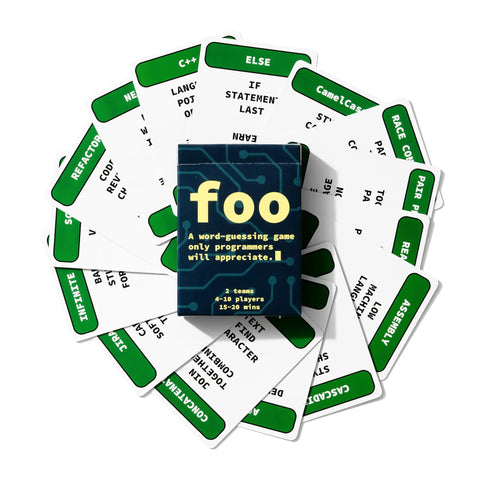 Icebreaker Coding Card Game For Programmers And Devs box surrounded by scattered coding term cards.