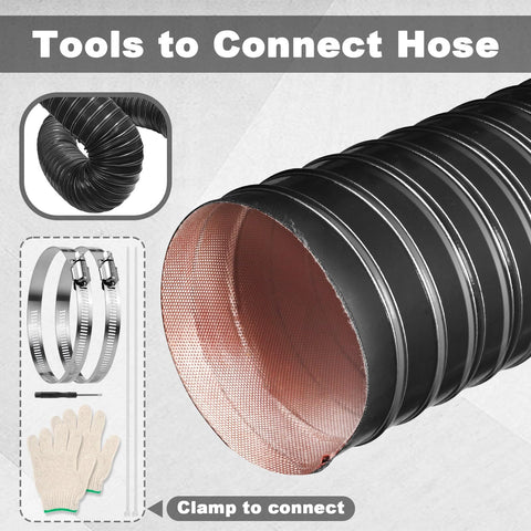 Close-up of 3 Inch Silicone Flexible Air Duct Hose 1 Meter Long For Car Garage Or Dryer Exhaust Heavy Duty Cooling Ducting High Temperature 575F 76mm Diameter Silicone Coated Fiberglass With Spring Steel Wire Black with clamps and gloves