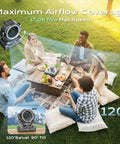Group enjoying outdoor picnic with 24000mAh Portable Camping Fan With LED Lantern, showcasing 120 Degree Oscillation and airflow coverage