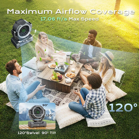 Group enjoying outdoor picnic with 24000mAh Portable Camping Fan With LED Lantern, showcasing 120 Degree Oscillation and airflow coverage