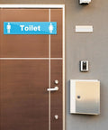 A door with a blue toilet sign, 12 Pack Acrylic Wall Name Plate Holders With Adhesive Tapes 2x8 Inch Clear Horizontal Sign Frames For Doors Offices And Classrooms Easy Paper Update Dual Side Openings.