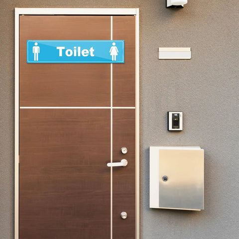 A door with a blue toilet sign, 12 Pack Acrylic Wall Name Plate Holders With Adhesive Tapes 2x8 Inch Clear Horizontal Sign Frames For Doors Offices And Classrooms Easy Paper Update Dual Side Openings.