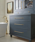 Heavy Duty Oversized Appliance And Cabinet Handle Pull In Champagne Bronze For Large Paneled Cabinets And Appliances on blue cabinet