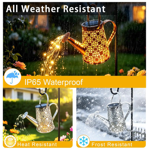 Solar Watering Can Lights, Large Retro Metal Hanging Outdoor LED Decor glowing on a patio with warm white glow; IP65 waterproof display.