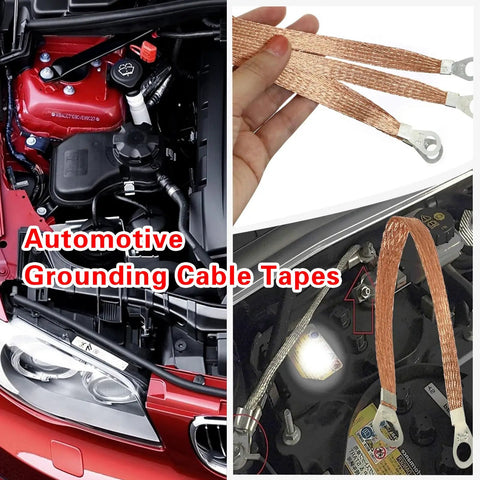Five Pack Top Shelf Automotive Engine Grounding Straps Crafted From Flexible Copper Braid For Rock Solid Electrical Connections in a vehicle engine compartment.