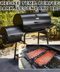 Outdoor grill with open lid showing ribs cooking, grill thermometer dial visible. "Grill Thermometer Built For Real Grilling With Two And Three Eighths Inch Oversized Dial And 50 To 800 Fahrenheit Range, Weatherproof Stainless Steel Gauge For Charcoal Grills And Meat Smoking, Easy Read Numbers, Mounting Hardware Included."
