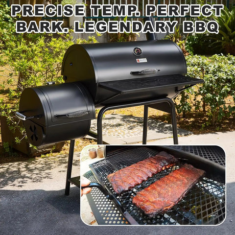 Outdoor grill with open lid showing ribs cooking, grill thermometer dial visible. "Grill Thermometer Built For Real Grilling With Two And Three Eighths Inch Oversized Dial And 50 To 800 Fahrenheit Range, Weatherproof Stainless Steel Gauge For Charcoal Grills And Meat Smoking, Easy Read Numbers, Mounting Hardware Included."