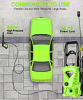 Powerful Electric Pressure Washer 2.6 GPM, 1500W High Pressure Cleaner with 4 Nozzles shown near green car on driveway