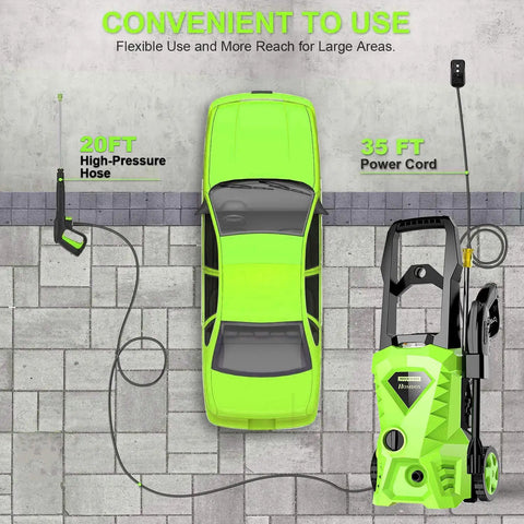 Powerful Electric Pressure Washer 2.6 GPM, 1500W High Pressure Cleaner with 4 Nozzles shown near green car on driveway