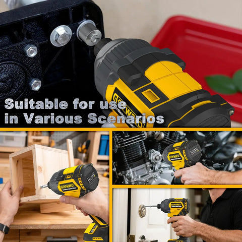 Beater Proof 21V Brushless Cordless Impact Driver Kit Yellow 2655 Inch Pounds Peak Torque in use on various materials.