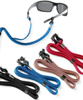 No Slip Eyeglasses Strap Set 4 Pack Eyewear Lanyard Chains For Men And Women Premium Eyeglass Retainer With Solid Clip Loop Keeps Your Glasses Secure All Day And Outdoors showing four colorful straps and a pair of sunglasses.