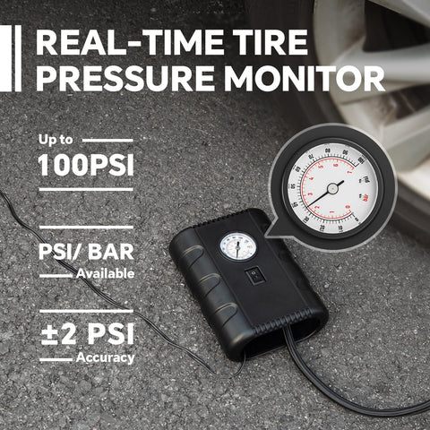 Portable 12V Tire Inflator With Analog Gauge, 100 PSI Quick Air Pump beside car tire on asphalt