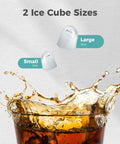 Portable Countertop Ice Maker That Makes Bullet Ice Pretty Dang Fast With Zero Fuss And Self Cleaning Features Providing Two Cube Size Choices For House Parties Producing 26 Pounds Daily In Modern Black with small and large ice cubes.
