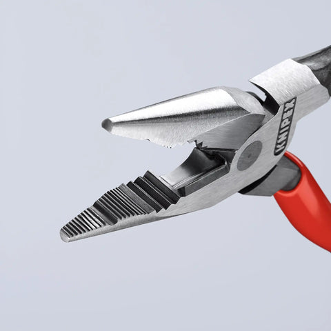 Close-up of 6 Inch Needle Nose And Combination Pliers With Slim Head And Anti Twist Jaws For Tight Spaces, showing pointed tips and milled groove.