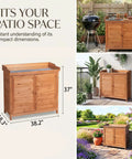Outdoor Garden Wood Storage Cabinet With Waterproof Tool Shed, Potting Benches And Workstation Table, natural finish, on patio.