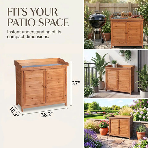 Outdoor Garden Wood Storage Cabinet With Waterproof Tool Shed, Potting Benches And Workstation Table, natural finish, on patio.