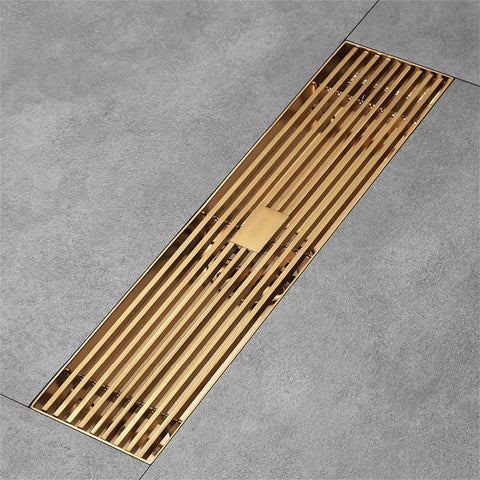 Heavy Duty Rectangular Shower Drain Tile Insert Grate Stainless Steel Removable Hair Catcher Filter in brushed gold finish.