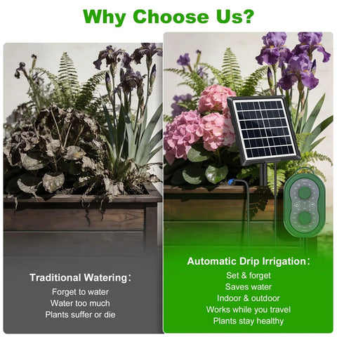 Comparison of traditional watering and Solar Drip Irrigation System For Gardens And Balconies With 50 Feet Of Tubing Auto Watering Kit