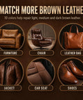No Sweat Brown Leather And Vinyl Repair Kit Blends Dark Light Tan Chocolate Colors For Couch Sofa Chair Car Seat And Boots Effortless Invisible Diy Patch Fix Up Today, showcasing repair options for furniture, chair, leather bag, jacket, car seat, and shoes.