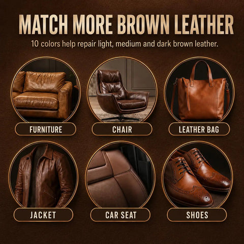 No Sweat Brown Leather And Vinyl Repair Kit Blends Dark Light Tan Chocolate Colors For Couch Sofa Chair Car Seat And Boots Effortless Invisible Diy Patch Fix Up Today, showcasing repair options for furniture, chair, leather bag, jacket, car seat, and shoes.