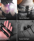 Ultra Bright Mini LED Pen Light Pocket Size Flashlight clipped on belt and cap, handheld on palm, in pocket view