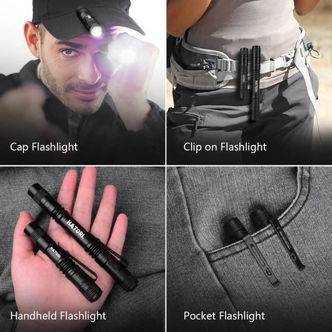 Ultra Bright Mini LED Pen Light Pocket Size Flashlight clipped on belt and cap, handheld on palm, in pocket view