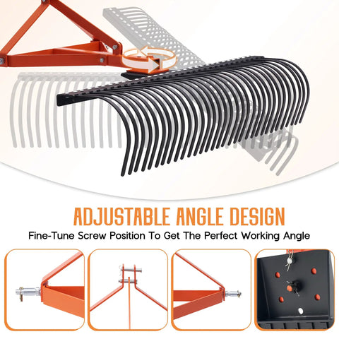 3 Point Tow Behind Rake With 60 Inch Width And 32 Steel Tines, Adjustable Angle Lawn Dethatcher And Landscape Rake close-up