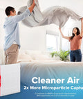 Couple making bed with Filtrete 16x25x4 Refillable Air Filter replacement, MPR 1000, MERV 11, Allergen Defense showing in the foreground.