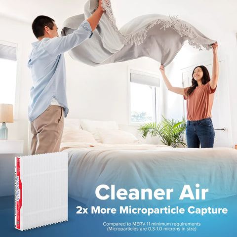 Couple making bed with Filtrete 16x25x4 Refillable Air Filter replacement, MPR 1000, MERV 11, Allergen Defense showing in the foreground.