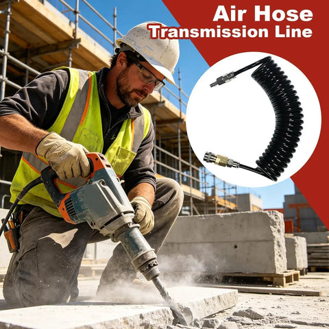 Solid 3 Meter Compressor Air Hose With Quick Connect Fittings For High Pressure Pneumatic Rigs in use on construction site.