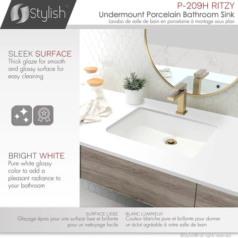 Rectangular Porcelain Undermount Bathroom Sink, 20.38 By 14.25 Inches, Sleek Shiny Finish, Stain Resistant, Model P-209H