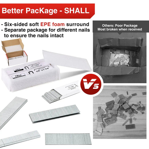 Heavy Duty Galvanized Staples and Brad Nails Kit for Pneumatic and Electric Staplers packaging comparison with foam support