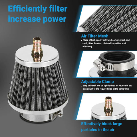 35mm air filter for Chinese pit dirt bikes and ATVs, showing mesh design and adjustable clamp, fits 50cc-150cc engines with PZ19 PZ20 carb.