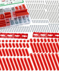 Hella Sturdy 304 Stainless Steel Outlet Box Extender Kit Featuring Heavy Duty Wall Plate spacers, red nylon shims, and steel screws.