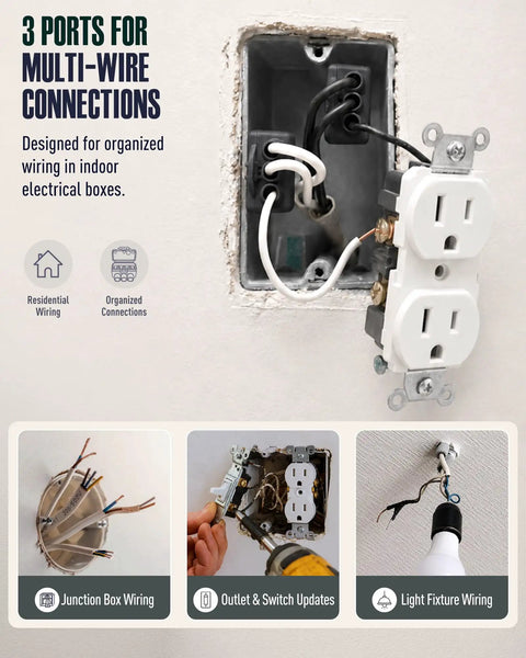 Hella Reliable 15 Pack 3 Port Screw Terminal Aluminum To Copper Wire Connectors With Oxide Inhibitor For Quick House Wiring Upgrades And Easy Junction Box Hook Ups Black Bulk Kit shown in residential junction box wiring.