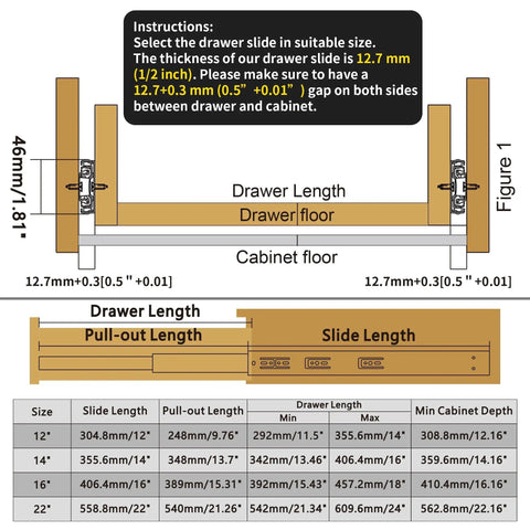 Diagram showing installation guidelines for Heavy Duty 12 Inch Soft Close Drawer Slides Full Extension Ball Bearing Black Two Pair