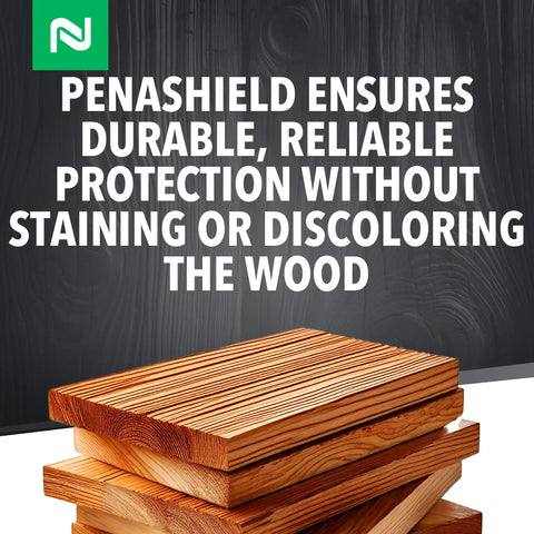 Stack of wood planks with text about Penetrating Wood Preservative And Termiticide For Termites Carpenter Ants And Wood Boring Beetles