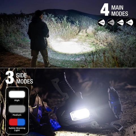 Ultra Bright Rechargeable Spotlight 2,000,000 Lumens LED Handheld Flashlight with modes and lenses shown in use outdoors.