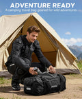 Man with Waterproof Motorcycle Dry Bag 50L Duffel Luggage beside tent