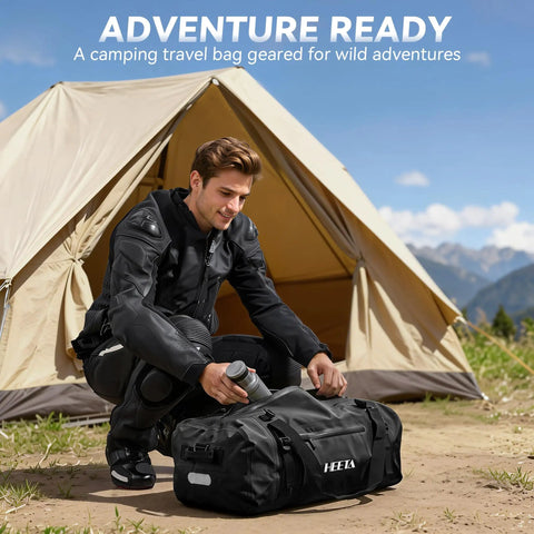 Man with Waterproof Motorcycle Dry Bag 50L Duffel Luggage beside tent