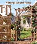7 Foot Wooden Garden Arbor Trellis With Wide Arch And Strong Side Trellises For Climbing Plants beside house and flowers