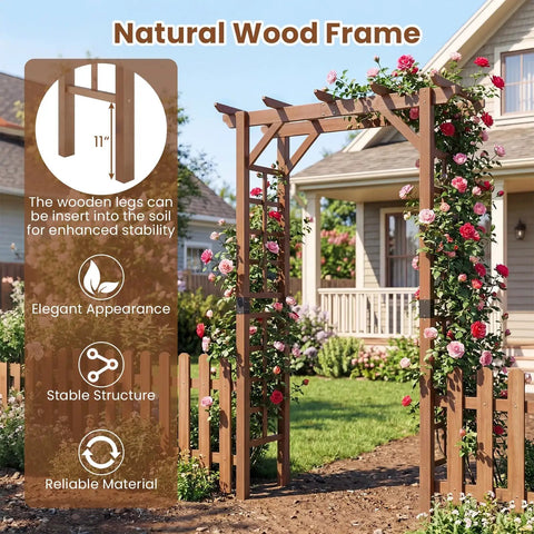 7 Foot Wooden Garden Arbor Trellis With Wide Arch And Strong Side Trellises For Climbing Plants beside house and flowers