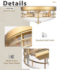 Close-up details of 13 Inch Flush Mount Ceiling Light Fixture With Clear Glass And Brushed Gold Finish Modern Farmhouse Style