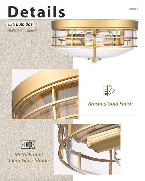 Close-up details of 13 Inch Flush Mount Ceiling Light Fixture With Clear Glass And Brushed Gold Finish Modern Farmhouse Style