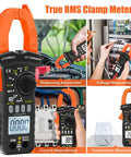 6000 Count Bluetooth Clamp Meter with TRMS Digital Multimeter measuring voltage, current, temperature, automotive diagnostics