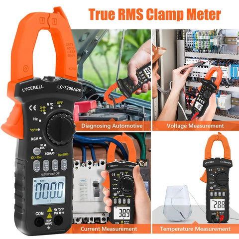6000 Count Bluetooth Clamp Meter with TRMS Digital Multimeter measuring voltage, current, temperature, automotive diagnostics
