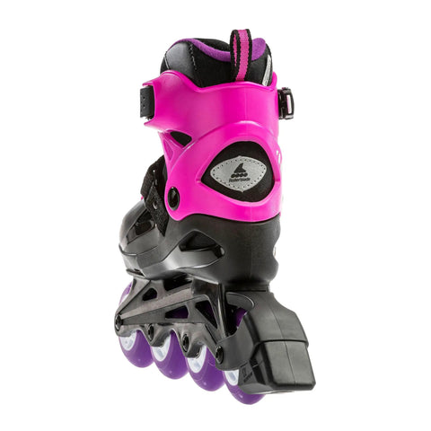 Back view of Junior Adjustable Inline Skate For Fitness With Breathable Molded Boot, Push Button Size Adjustment, black and pink design.