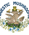 Majestic Mushrooms logo with a frog on mushrooms, bees, and blue flowers in a circular design.