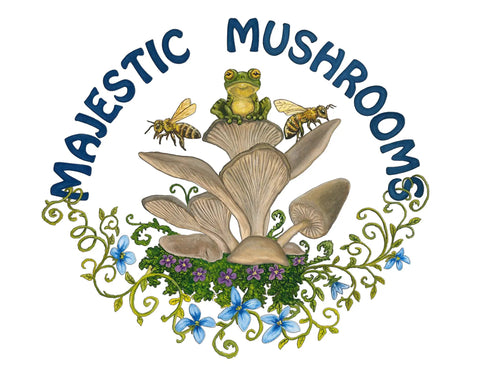 Majestic Mushrooms logo with a frog on mushrooms, bees, and blue flowers in a circular design.